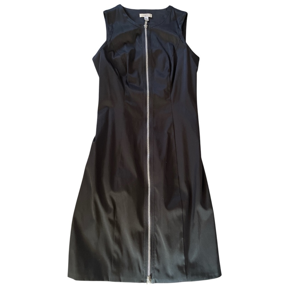 Cache Black Satin Sleeveless Full Front Zip Cocktail Midi Sheath Dress size 4